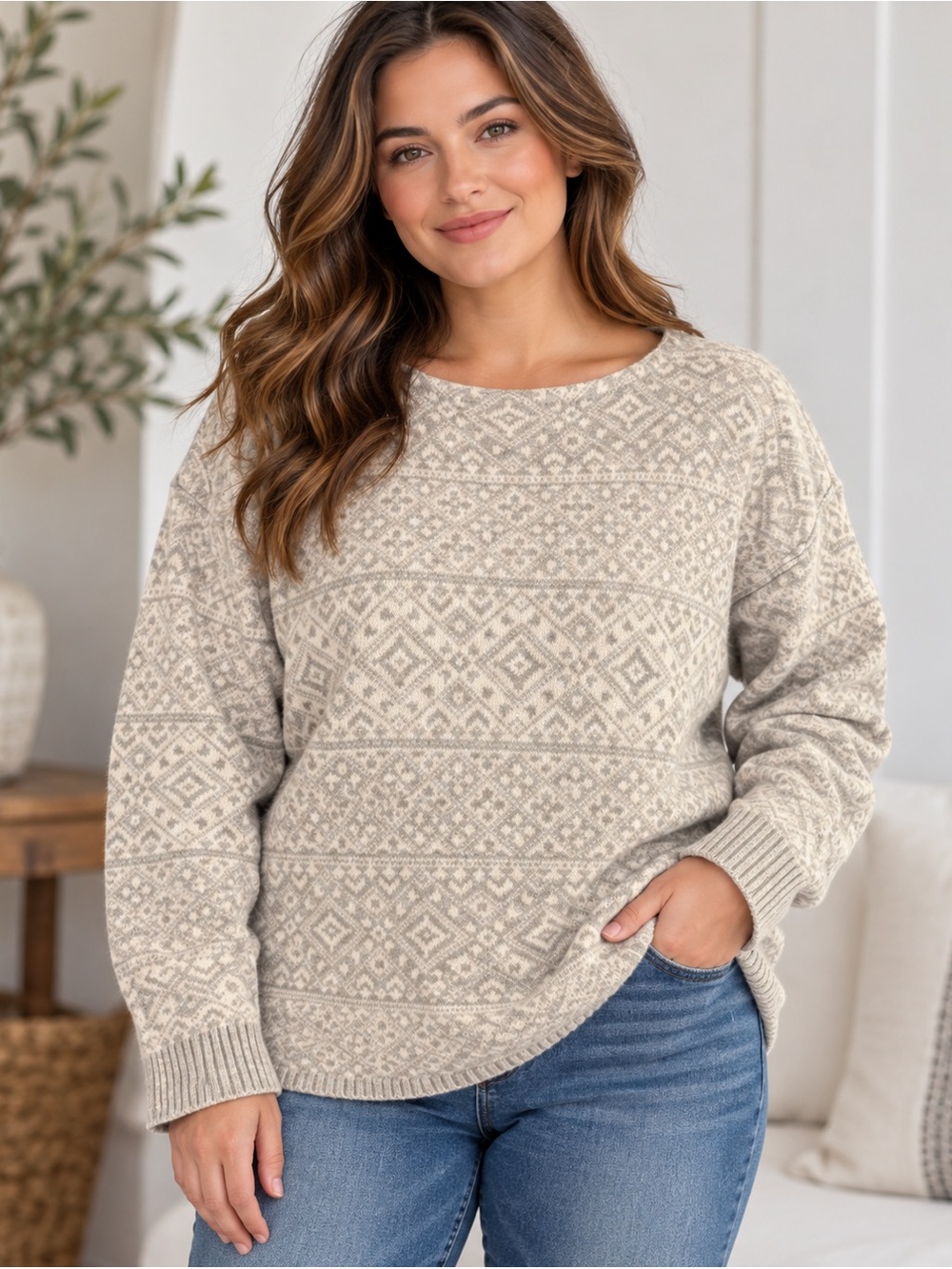 Vineyard Vines Women’s XL Fair Isle Merino Wool Cashmere Sweater Gray Cream